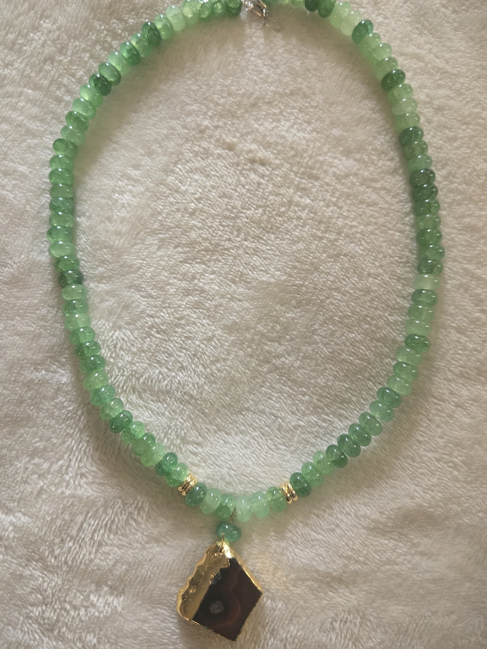 Green Handcrafted Gemstone Beaded Necklace with vintage brown agate Pendant